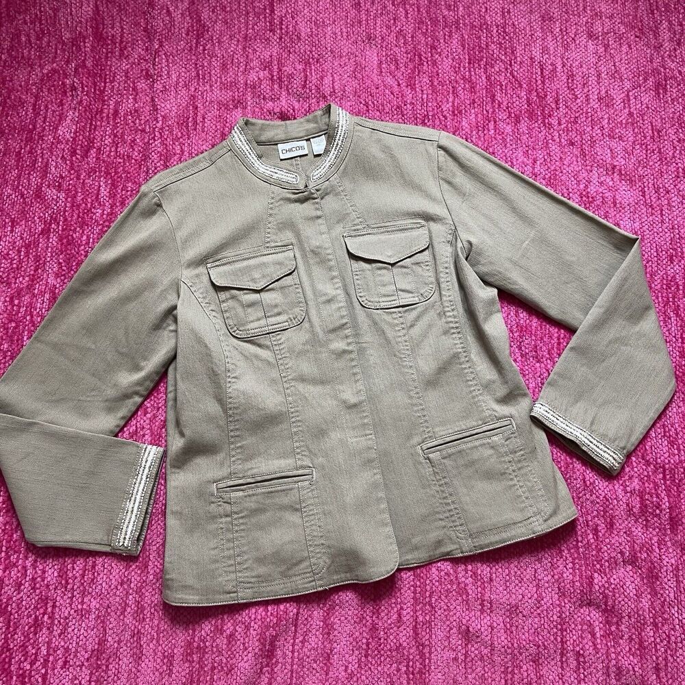 Chico’s Beaded Stretch Cotton Jacket Tan Size 1 (Medium/8)